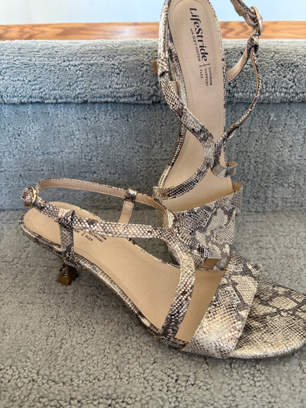 Life Stride Snake-Print Strappy Heels in Beige and Taupe
